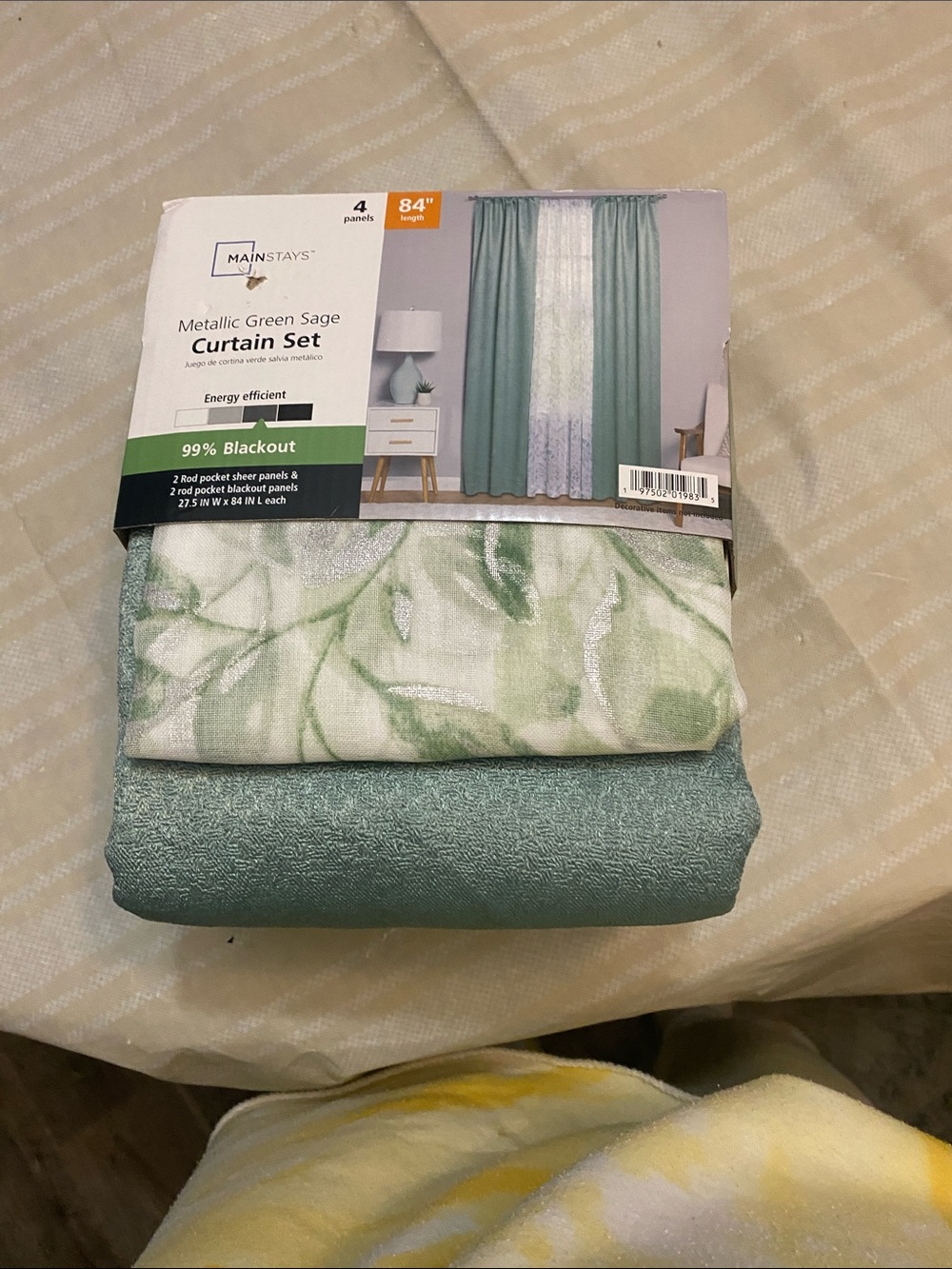 Mainstays Sage Green Metallic Curtain Set with Leaf Pattern